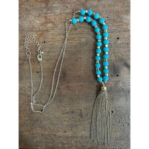 Unsigned Gold Tone Tassel Turquoise Bead Necklace 34”